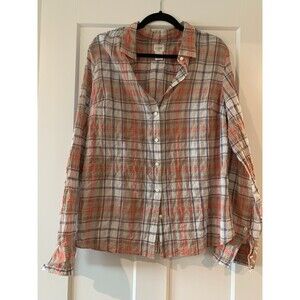 J. Crew Womens Button Up Crinkled Look Pink Coral Plaid Lightweight Cotton Sz Lg